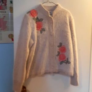 Angora cardigan sweater with peach floral appliques. Large petite sizing.